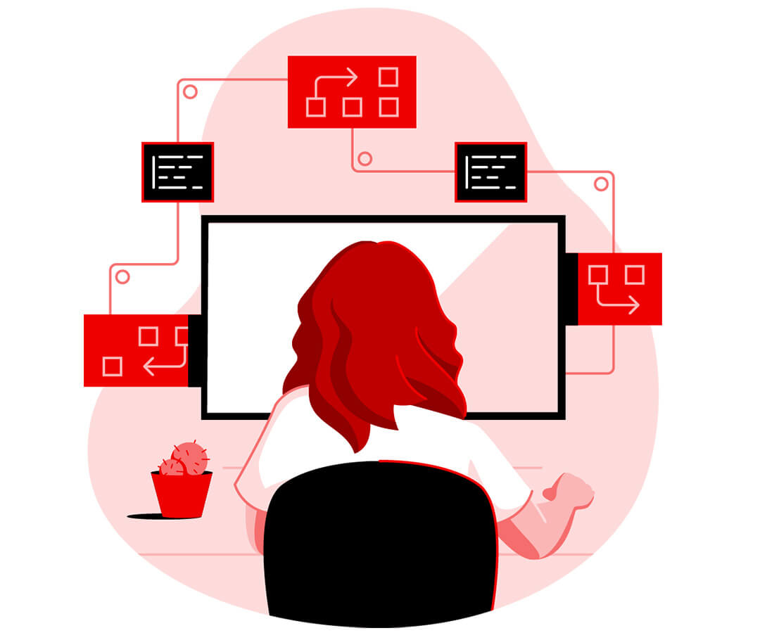 Illustration d'une personne aux longs cheveux rouges qui travaille à son bureau, face à un ordinateur