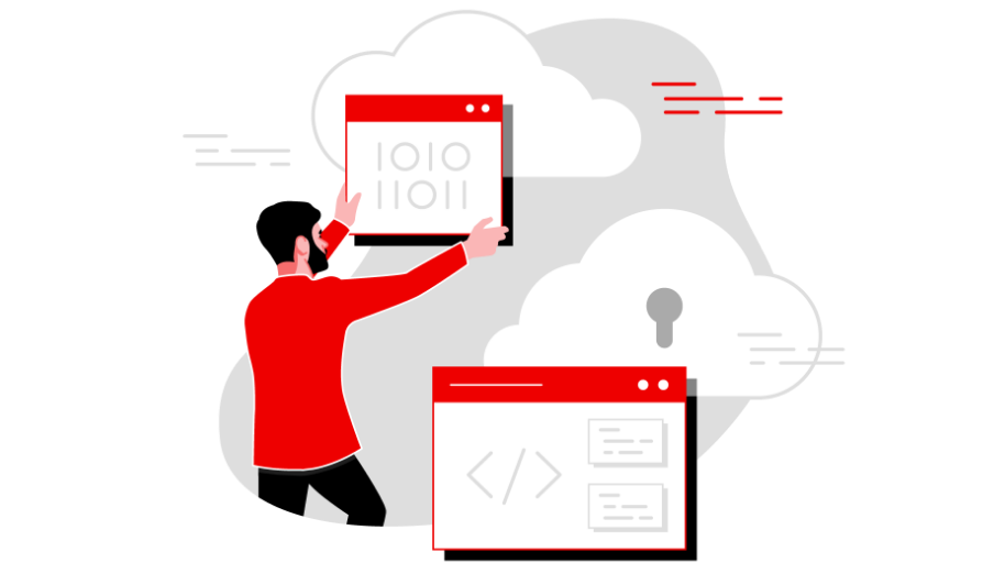 Illustration of a figure handling a cloud native interface on top of clouds